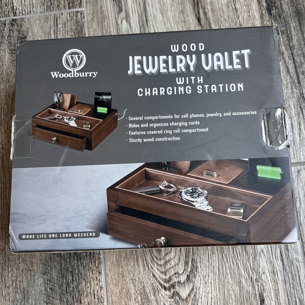 Elegant Woodbury Wood Jewelry Valet with Built-in Charging Station NEW IN BOX